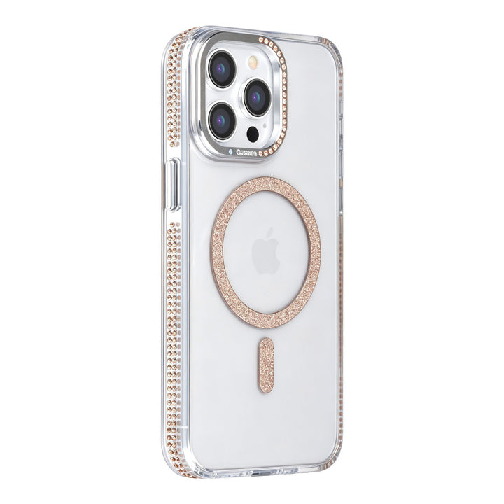 Transparant TUNIQ telefoonhoesje met goudkleurige glitterring en rand, van achteren op een telefoon