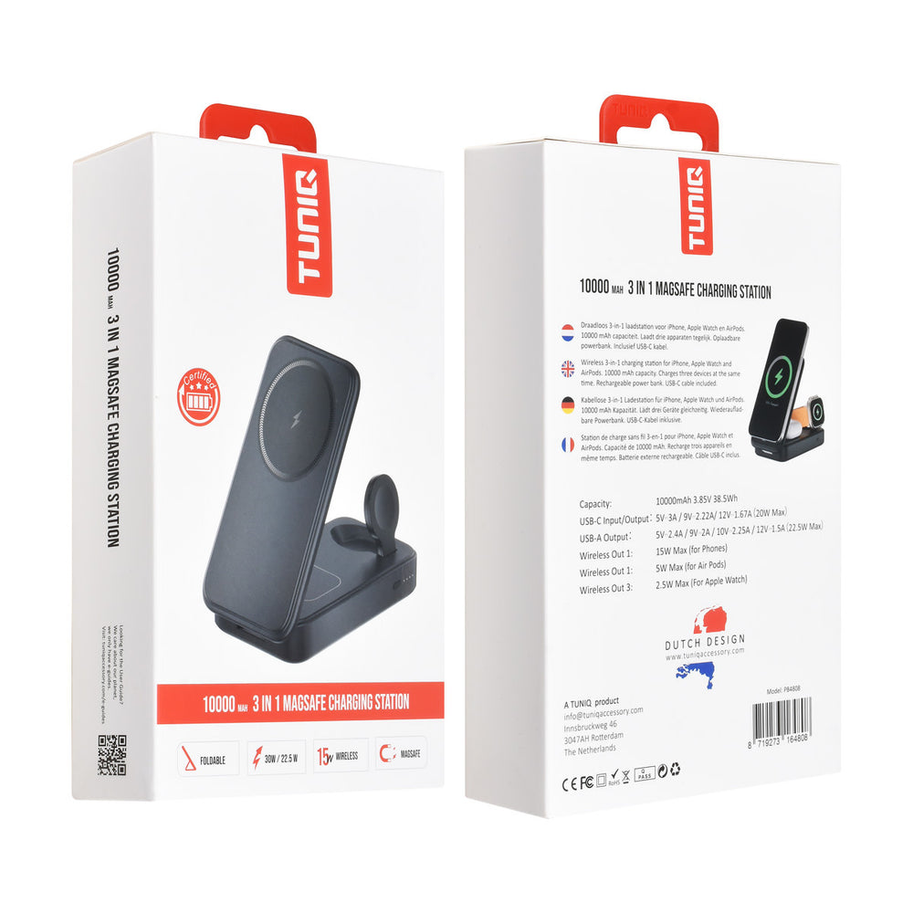 Voor- en achterkant van verpakking van TUNIQ powerbank met opvouwbare laadstandaard