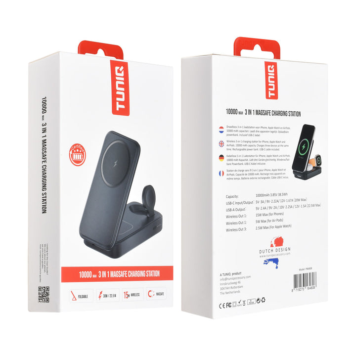 Voor- en achterkant van verpakking van TUNIQ powerbank met opvouwbare laadstandaard