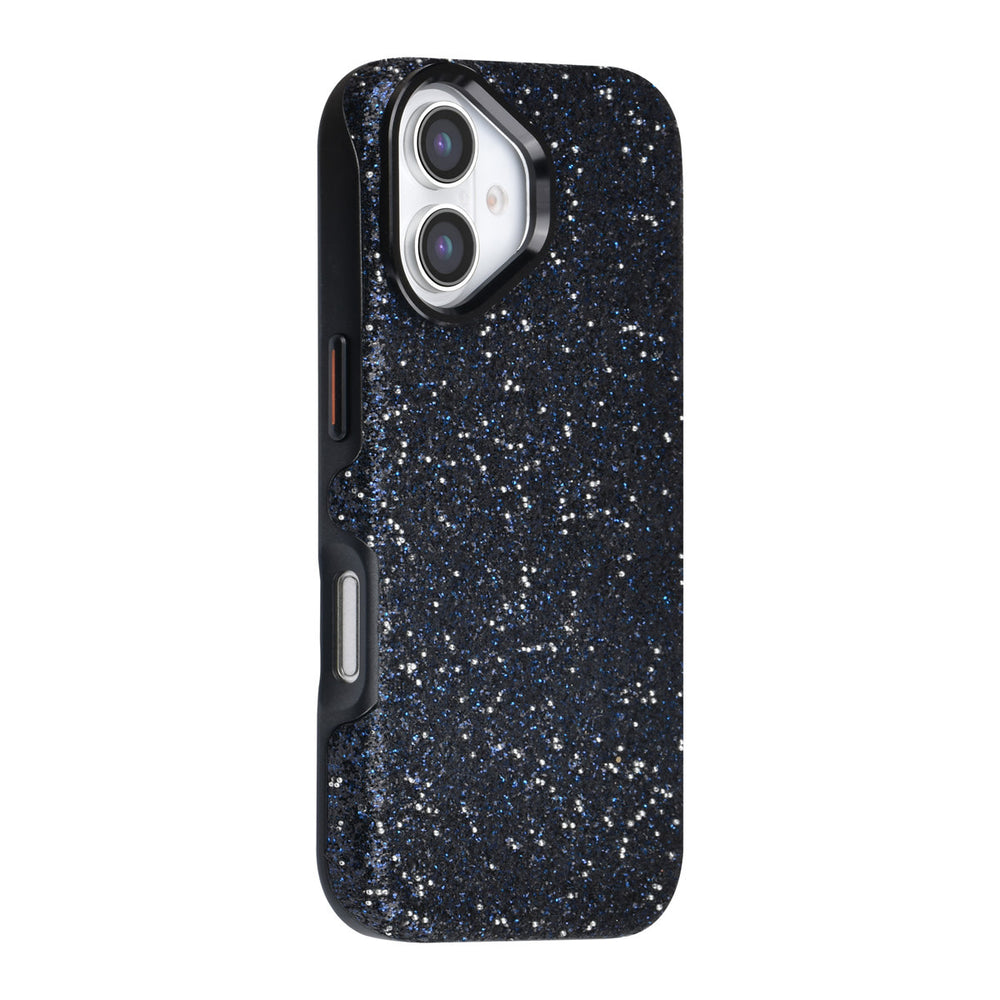 Zwart TUNIQ telefoonhoesje met glitters, van achteren op een telefoon