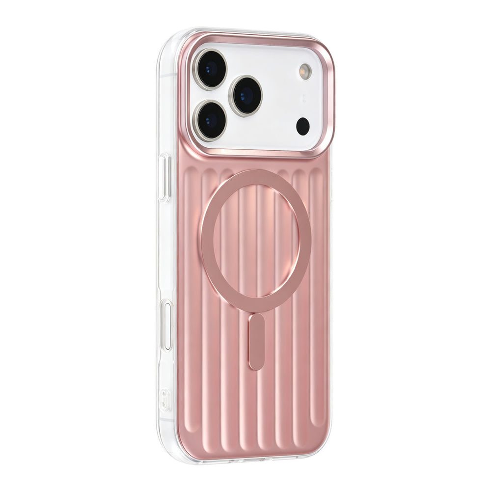 Roze TUNIQ telefoonhoesje met verticale ribbels en ring, van achteren op een telefoon
