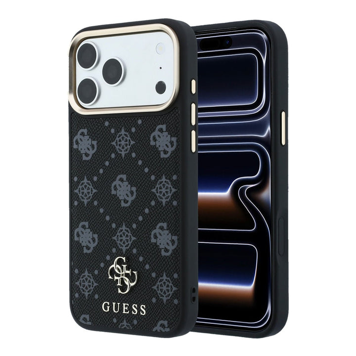 Zwart Guess telefoonhoesje met 4G-patroon en klein logo, voor- en achterkant op een telefoon