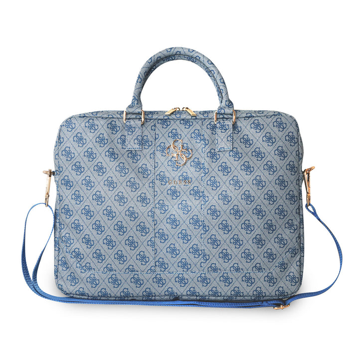 Blauwe Guess laptoptas met 4G-patroon, handvatten en schouderriem