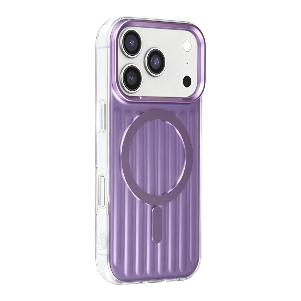 Paars TUNIQ telefoonhoesje met verticale ribbels en ring, van achteren op een telefoon