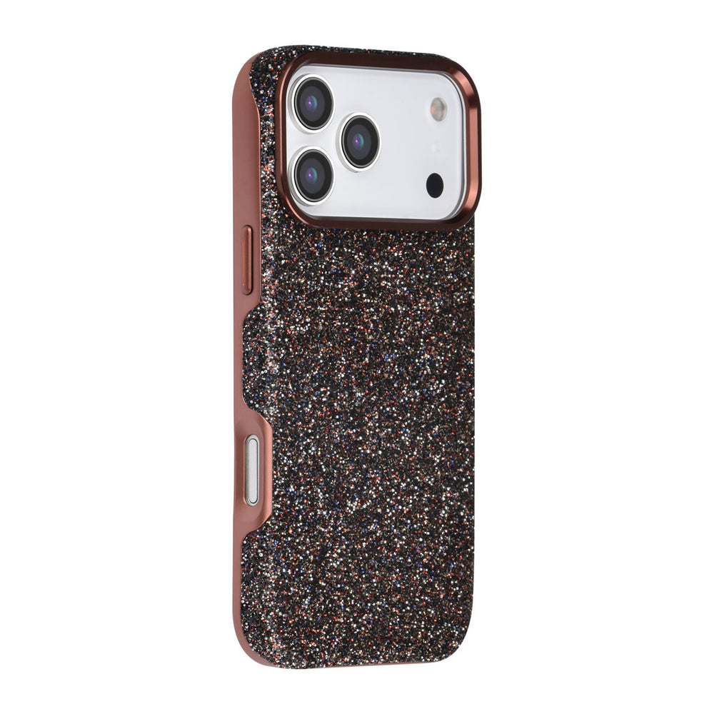Bruin TUNIQ telefoonhoesje met glitters, van achteren op een telefoon