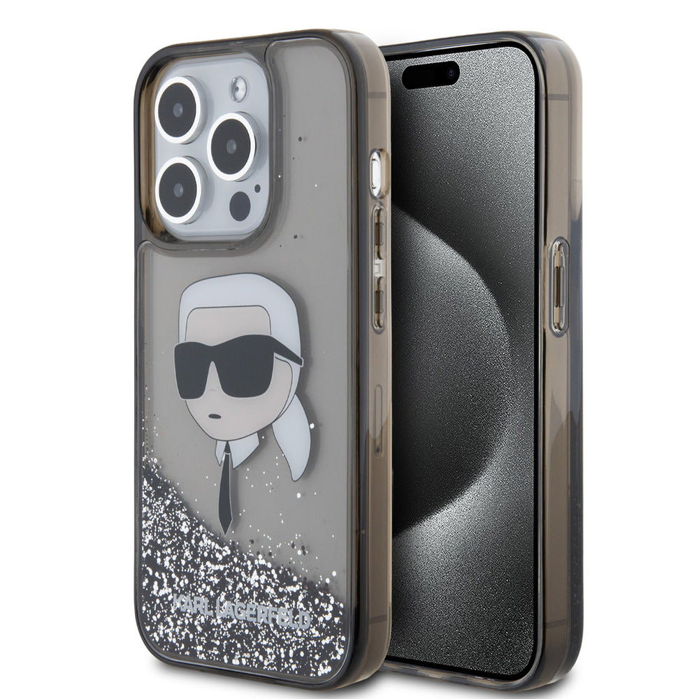 Transparant Karl Lagerfeld telefoonhoesje met zilverkleurige glitters en Karl-hoofd, voor- en achterkant op een telefoon