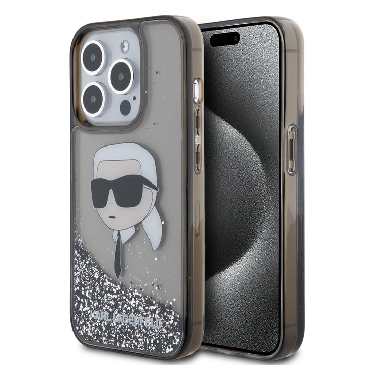 Transparant Karl Lagerfeld telefoonhoesje met zilverkleurige glitters en Karl-hoofd, voor- en achterkant op een telefoon