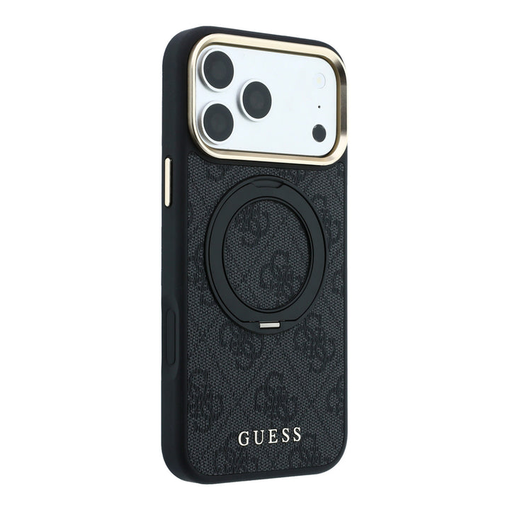 Zwart Guess telefoonhoesje met 4G-patroon en ingeklapte ringstandaard, schuin van achteren