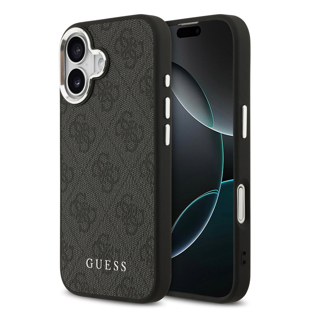 Zwart Guess telefoonhoesje met 4G-patroon en klassiek logo, voor- en achterkant op een telefoon