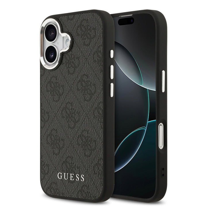 Zwart Guess telefoonhoesje met 4G-patroon en klassiek logo, voor- en achterkant op een telefoon