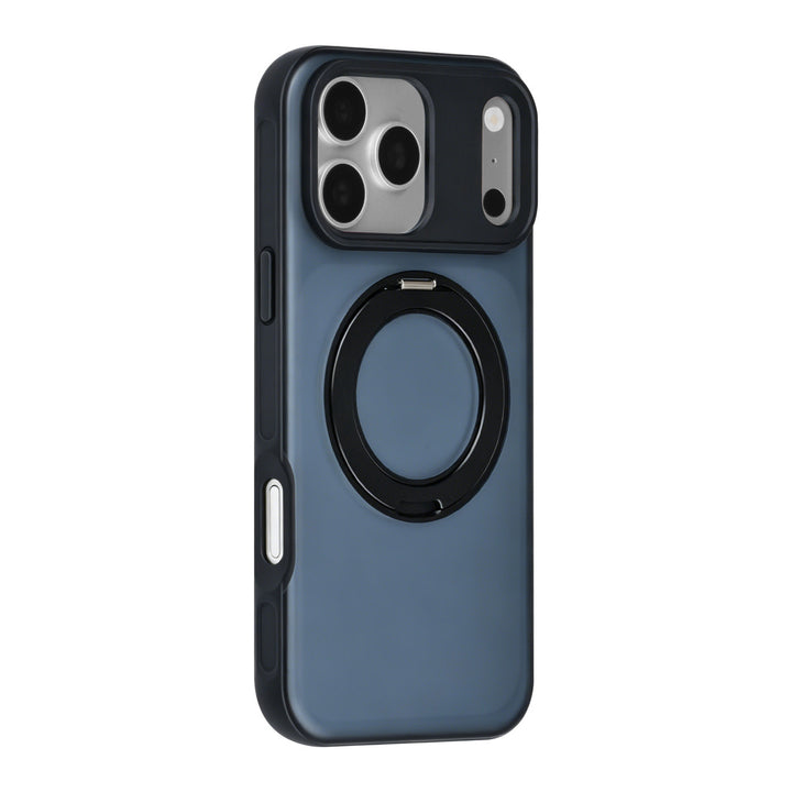 Zwart TUNIQ telefoonhoesje met glanzende ringstandaard, van achteren op een telefoon