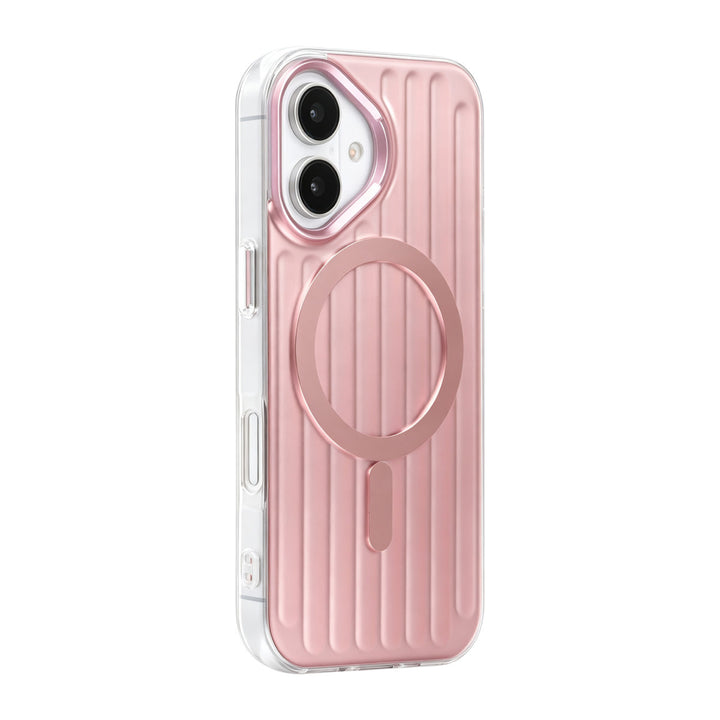 Roze TUNIQ telefoonhoesje met verticale ribbels en ring, van achteren op een telefoon