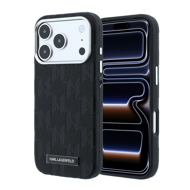 Zwart Karl Lagerfeld telefoonhoesje met monogram en logoplaatje, voor- en achterkant op een telefoon