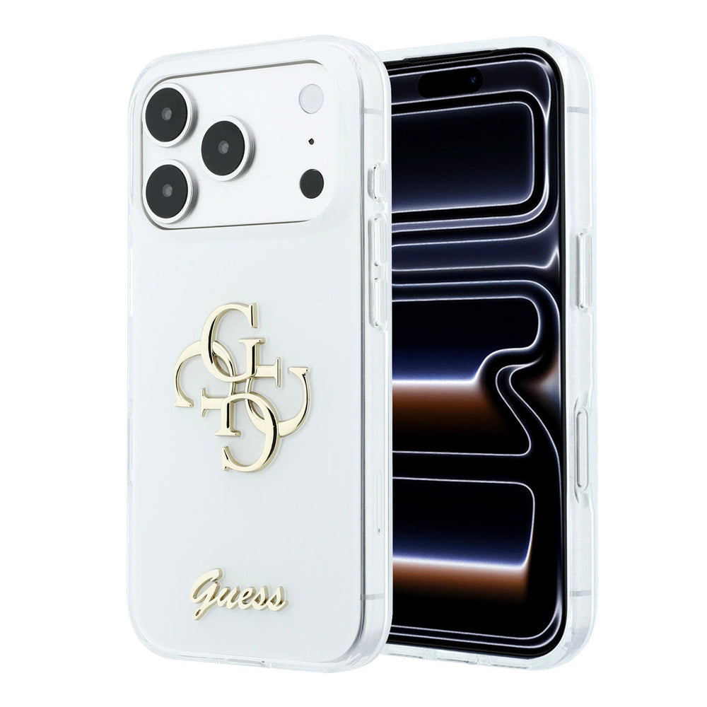 Wit Guess telefoonhoesje met groot 4G-logo en goudkleurig schriftlogo, voor- en achterkant op een telefoon