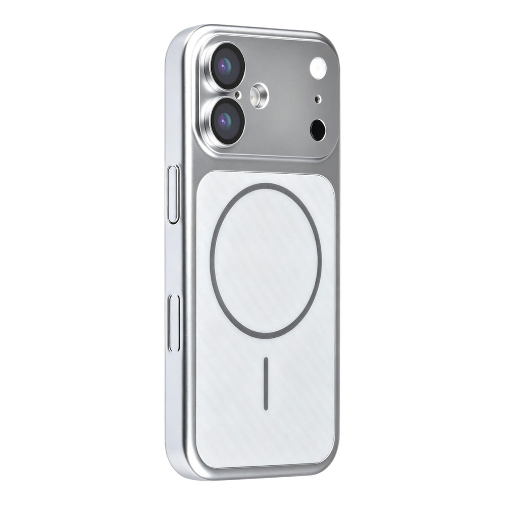 Zilverkleurig TUNIQ telefoonhoesje met diagonaal patroon en ring, van achteren op een telefoon