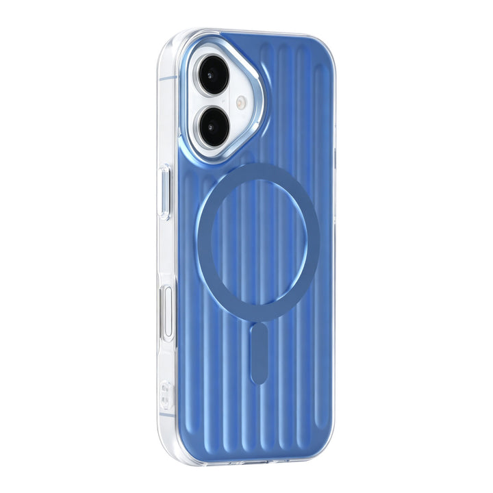 Blauw TUNIQ telefoonhoesje met verticale ribbels en ring, van achteren op een telefoon