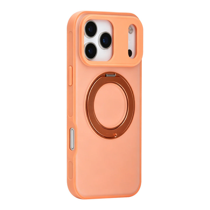 Oranje TUNIQ telefoonhoesje met glanzende ringstandaard, van achteren op een telefoon