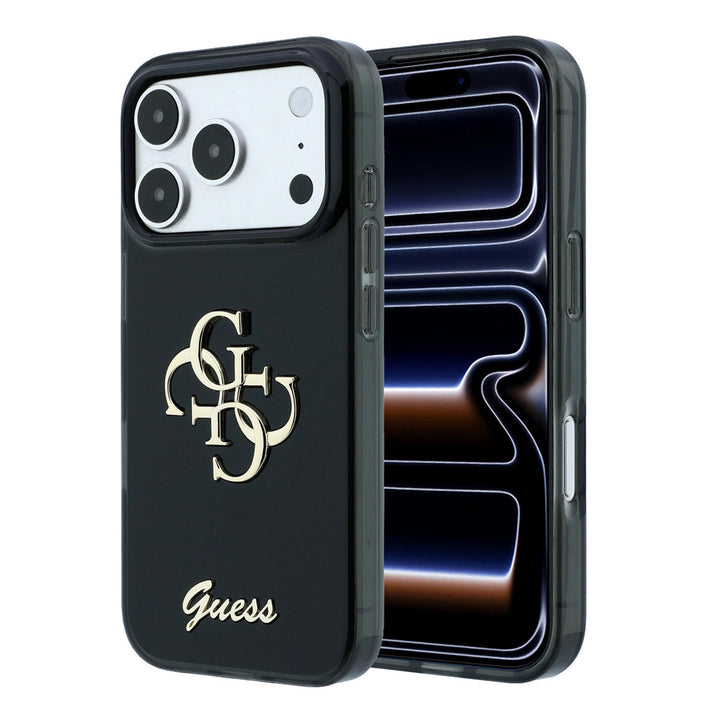 Zwart Guess telefoonhoesje met groot 4G-logo en goudkleurig schriftlogo, voor- en achterkant op een telefoon