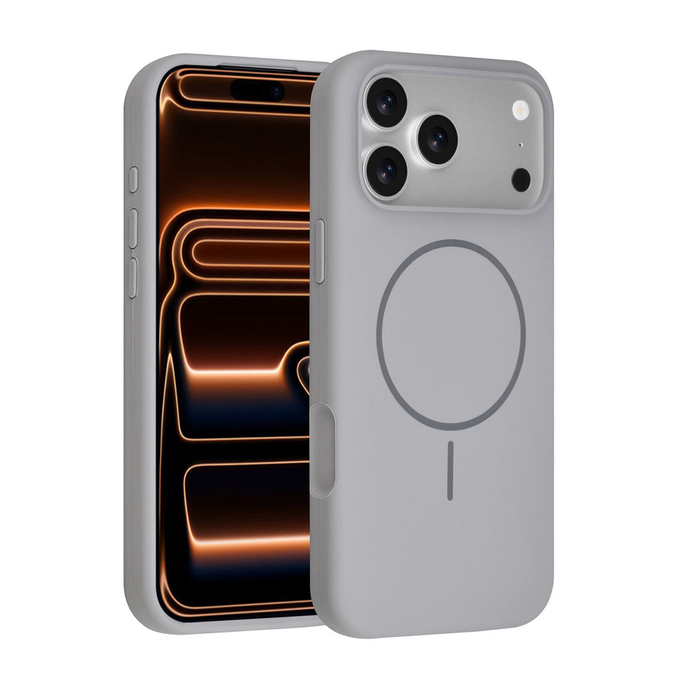 Grijs TUNIQ telefoonhoesje met ring, voor- en achterkant op een telefoon