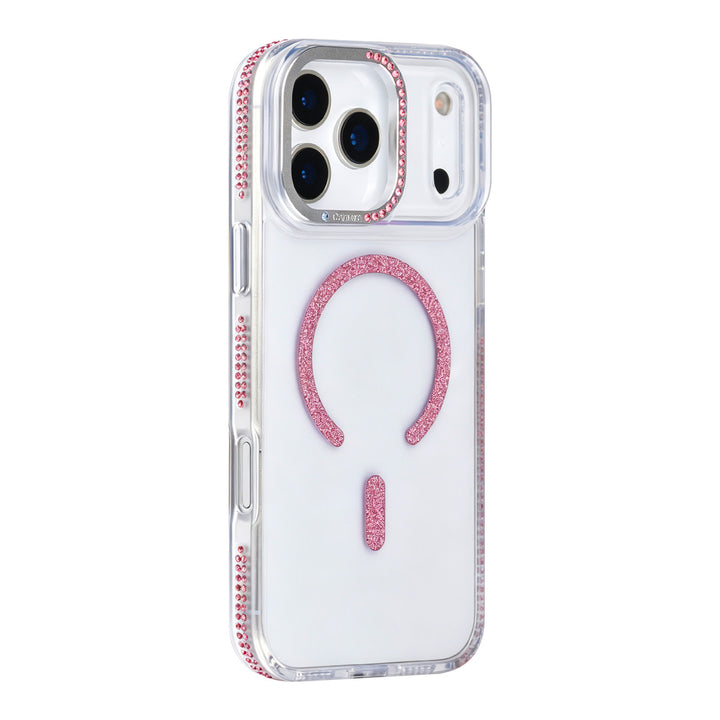 Transparant TUNIQ telefoonhoesje met roze glitters langs de rand en gebogen ring, van achteren op een telefoon