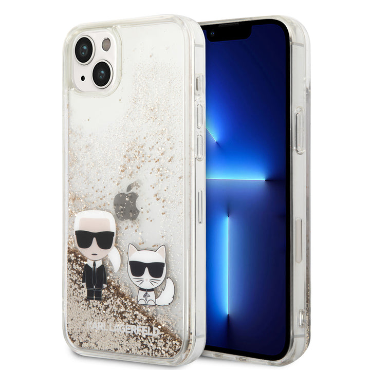 Transparant Karl Lagerfeld telefoonhoesje met goudkleurige glitters, Karl en Choupette, voor- en achterkant op een telefoon