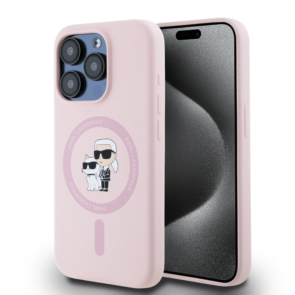 Roze Karl Lagerfeld telefoonhoesje met ring en Karl- en Choupette-figuren, voor- en achterkant op een telefoon