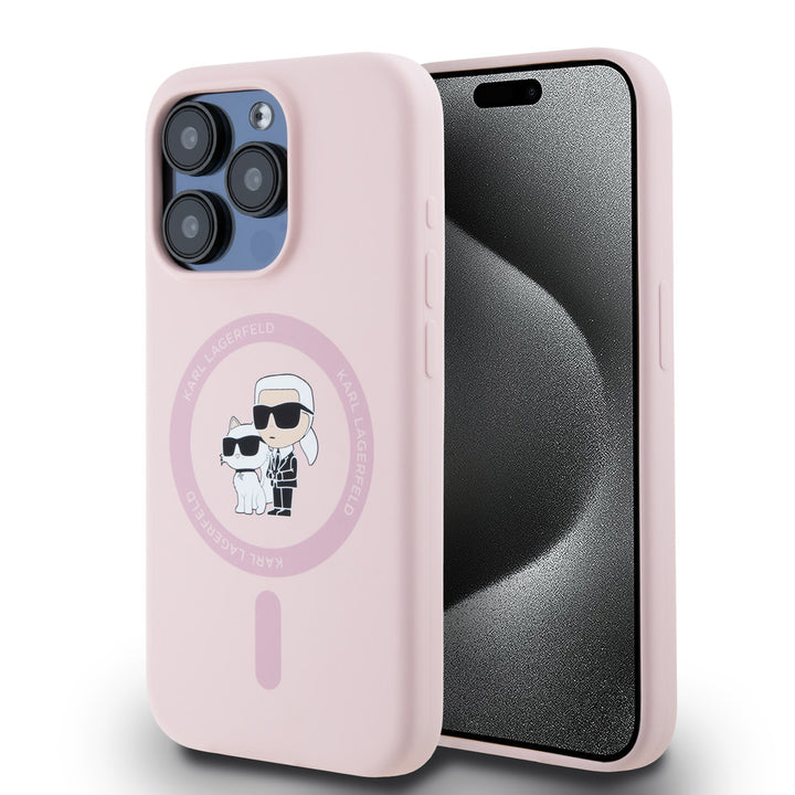 Roze Karl Lagerfeld telefoonhoesje met ring en Karl- en Choupette-figuren, voor- en achterkant op een telefoon