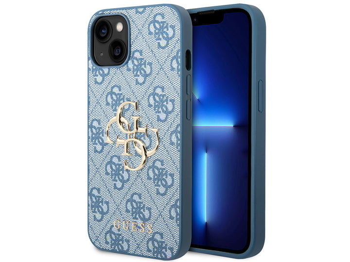 Blauw Guess telefoonhoesje met 4G-patroon en groot goudkleurig logo, voor- en achterkant op een telefoon