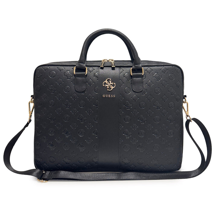 Zwarte Guess laptoptas met patroon, logostrook, handvatten en schouderriem
