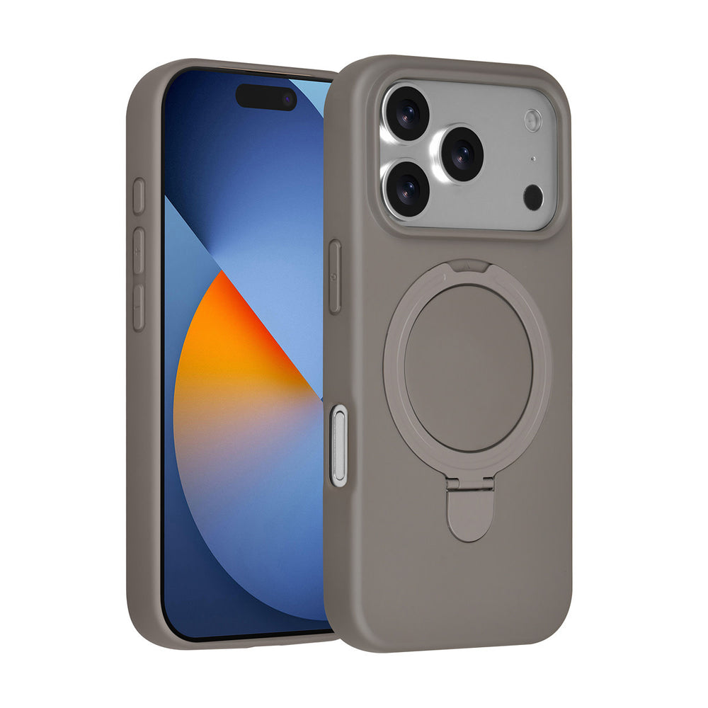Grijs TUNIQ telefoonhoesje met ringstandaard, voor- en achterkant op een telefoon