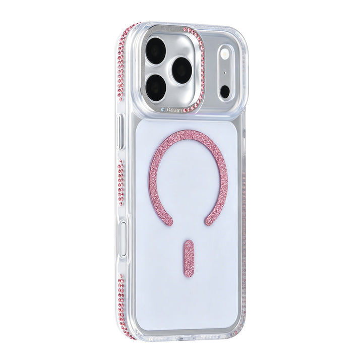 Transparant TUNIQ telefoonhoesje met roze glitters langs de rand en gebogen ring, van achteren op een telefoon