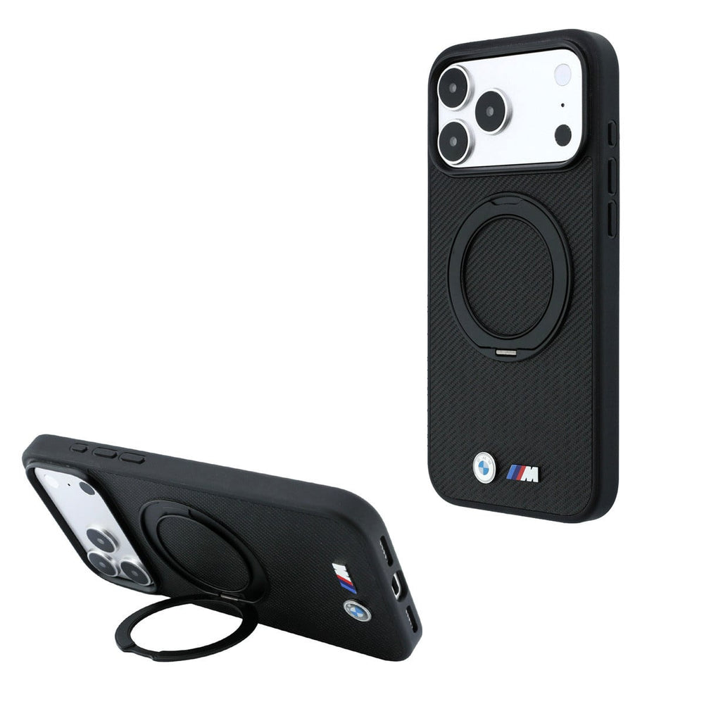 Zwart BMW telefoonhoesje met M-logo met ringstandaard, staand en horizontaal als telefoonsteun
