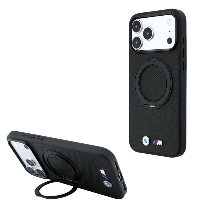 Zwart BMW telefoonhoesje met M-logo met ringstandaard, staand en horizontaal als telefoonsteun