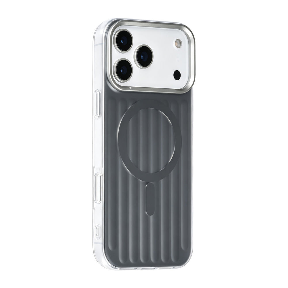 Zwart TUNIQ telefoonhoesje met verticale ribbels en ring, van achteren op een telefoon