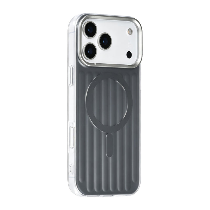 Zwart TUNIQ telefoonhoesje met verticale ribbels en ring, van achteren op een telefoon