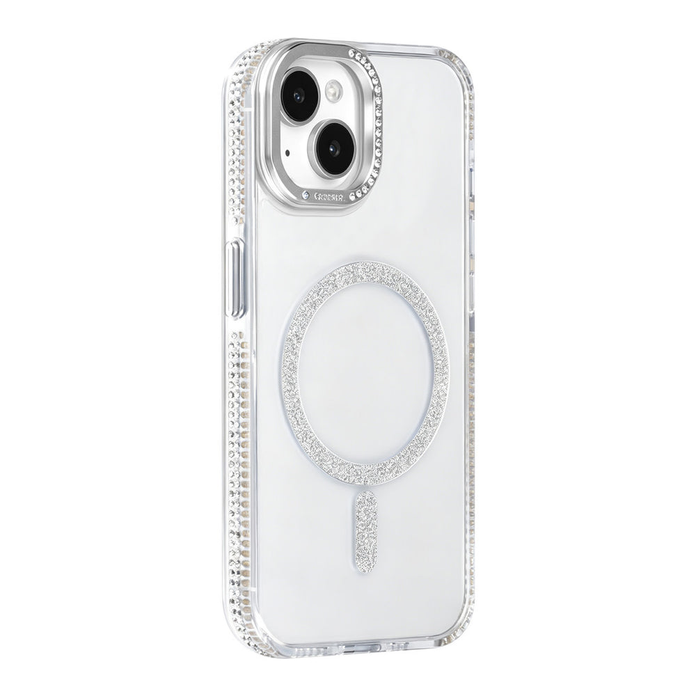 Transparant TUNIQ telefoonhoesje met zilverkleurige glitterring en rand, van achteren op een telefoon
