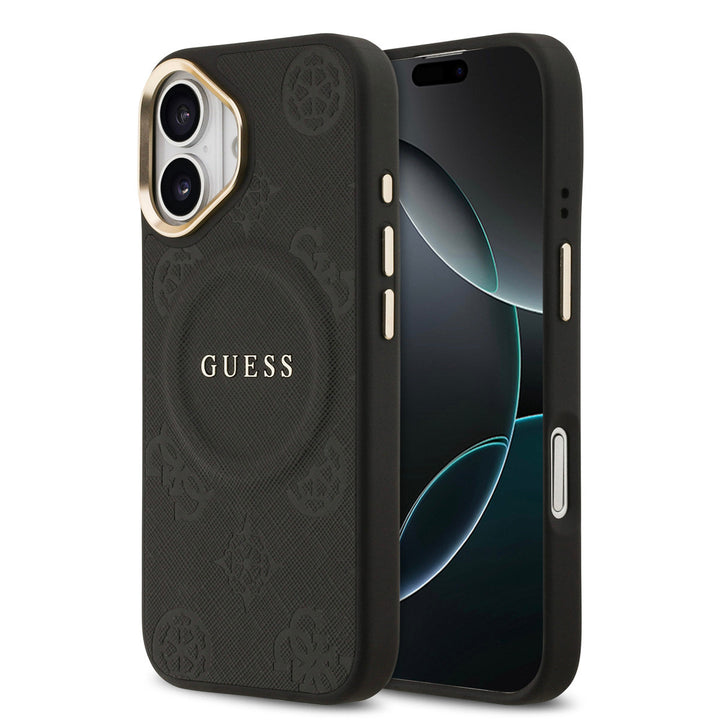 Zwart Guess telefoonhoesje met bloemenpatroon en rond logo, voor- en achterkant op een telefoon
