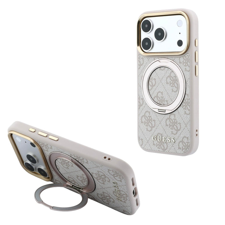 Lichtgekleurd Guess telefoonhoesje met 4G-patroon met ringstandaard, staand en horizontaal als telefoonsteun