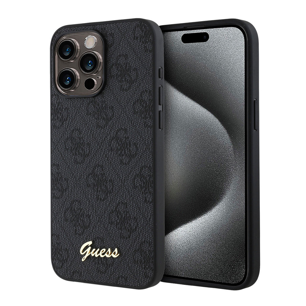 Zwart Guess telefoonhoesje met 4G-patroon en goudkleurig schriftlogo, voor- en achterkant op een telefoon