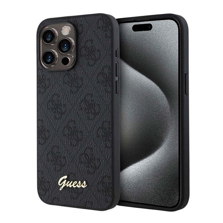 Zwart Guess telefoonhoesje met 4G-patroon en goudkleurig schriftlogo, voor- en achterkant op een telefoon