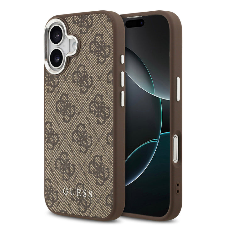 Bruin Guess telefoonhoesje met 4G-patroon en klassiek logo, voor- en achterkant op een telefoon
