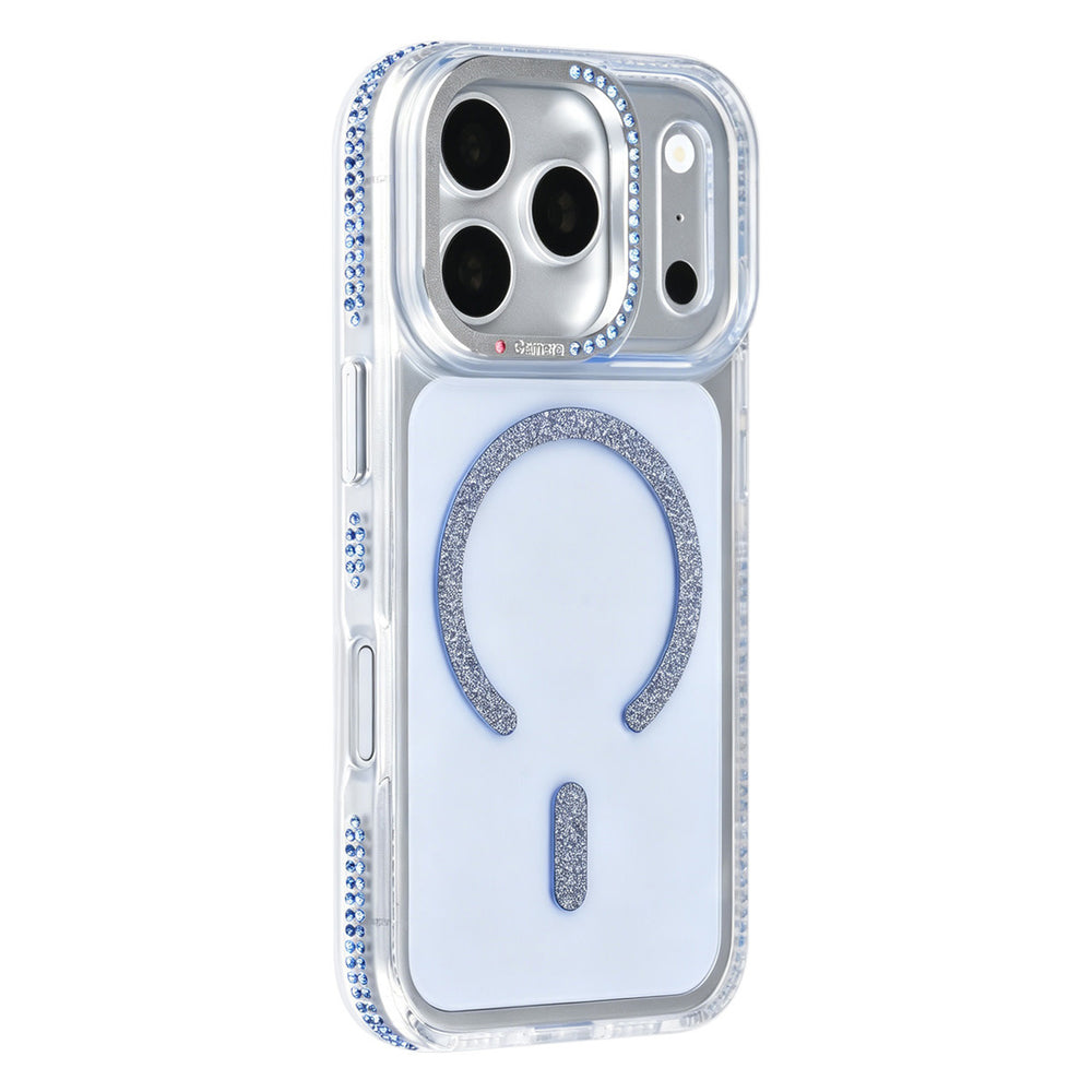 Transparant TUNIQ telefoonhoesje met blauwe glitters langs de rand en gebogen ring, van achteren op een telefoon