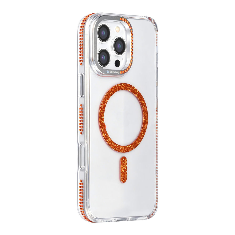 Transparant TUNIQ telefoonhoesje met oranje glitterring en rand, van achteren op een telefoon