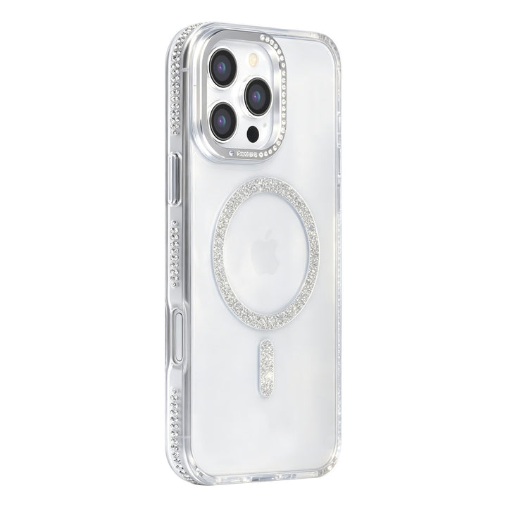 Transparant TUNIQ telefoonhoesje met zilverkleurige glitterring en rand, van achteren op een telefoon