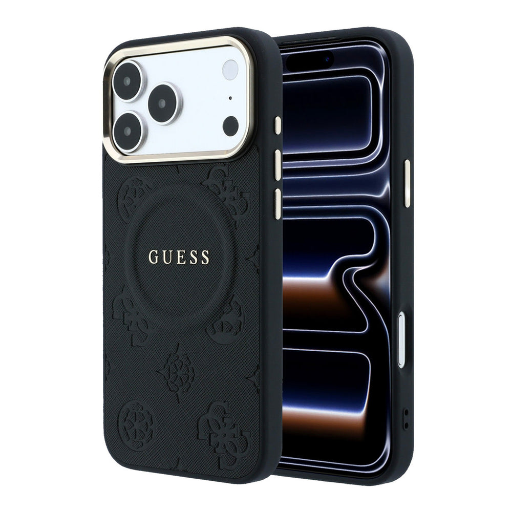 Zwart Guess telefoonhoesje met bloemenpatroon en rond logo, voor- en achterkant op een telefoon