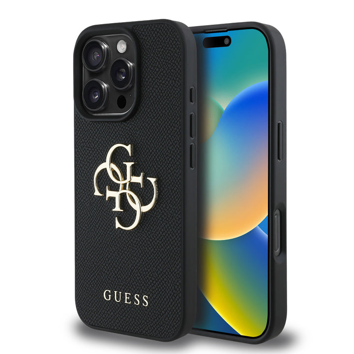 Zwart Guess telefoonhoesje met groot goudkleurig 4G-logo, voor- en achterkant op een telefoon