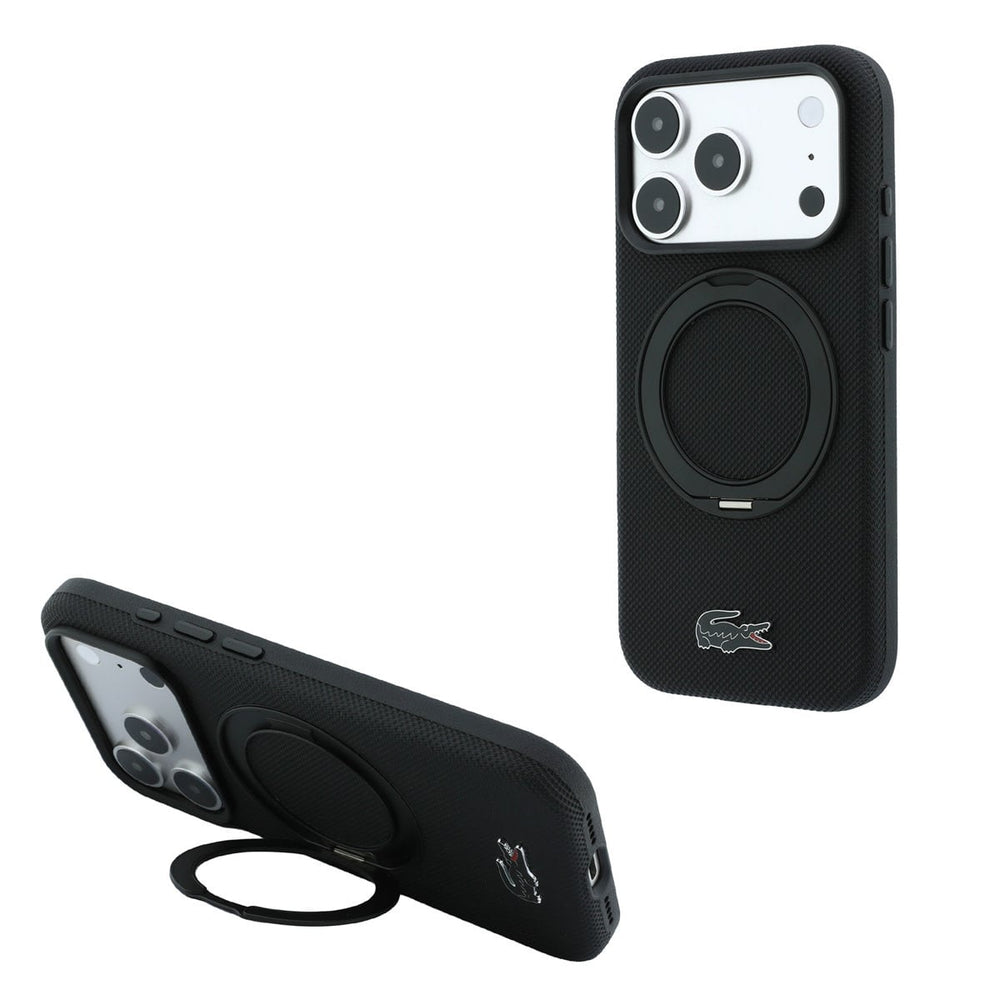 Zwart Lacoste telefoonhoesje met krokodillenlogo met ringstandaard, staand en horizontaal als telefoonsteun