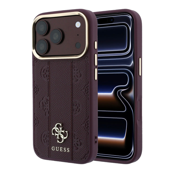 Bordeauxkleurig Guess telefoonhoesje met bloemenpatroon, verticale banen en 4G-logo, voor- en achterkant op een telefoon