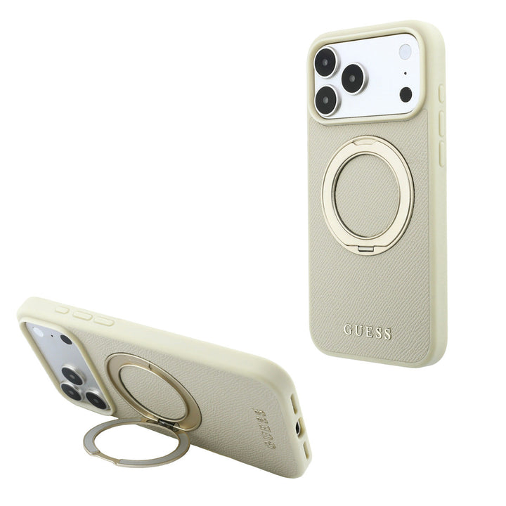 Beige Guess telefoonhoesje met ringstandaard, staand en horizontaal als telefoonsteun