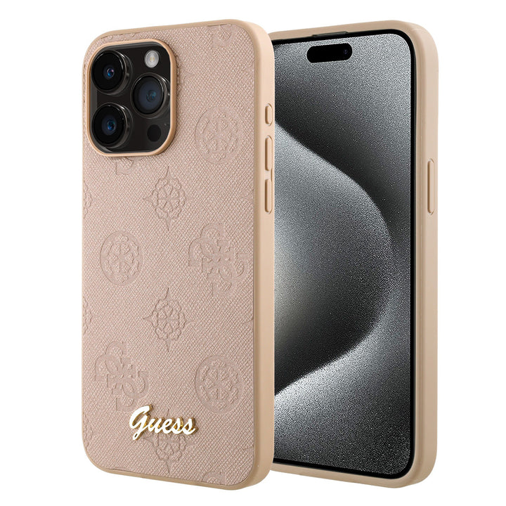 Roze Guess telefoonhoesje met bloemenpatroon en goudkleurig schriftlogo, voor- en achterkant op een telefoon